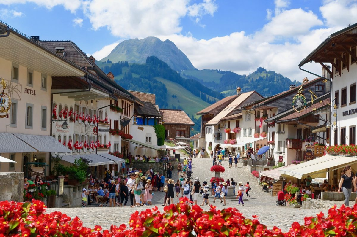 Amazing view of town streets and chalets of Gruyères 